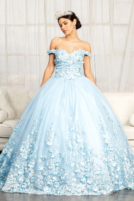 Cut-Away Shoulder 3D Floral Applique Embellished Quinceanera Dress