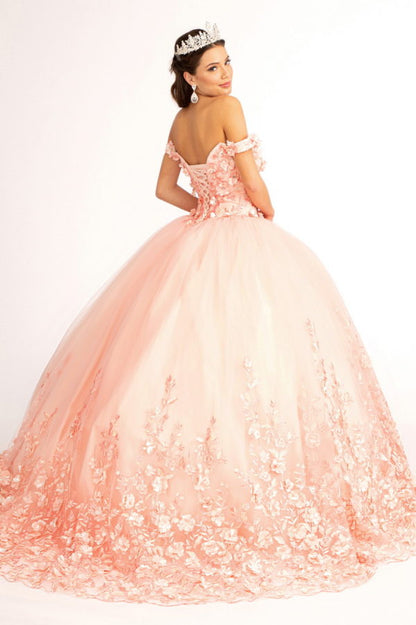 Cut-Away Shoulder 3D Floral Applique Embellished Quinceanera Dress