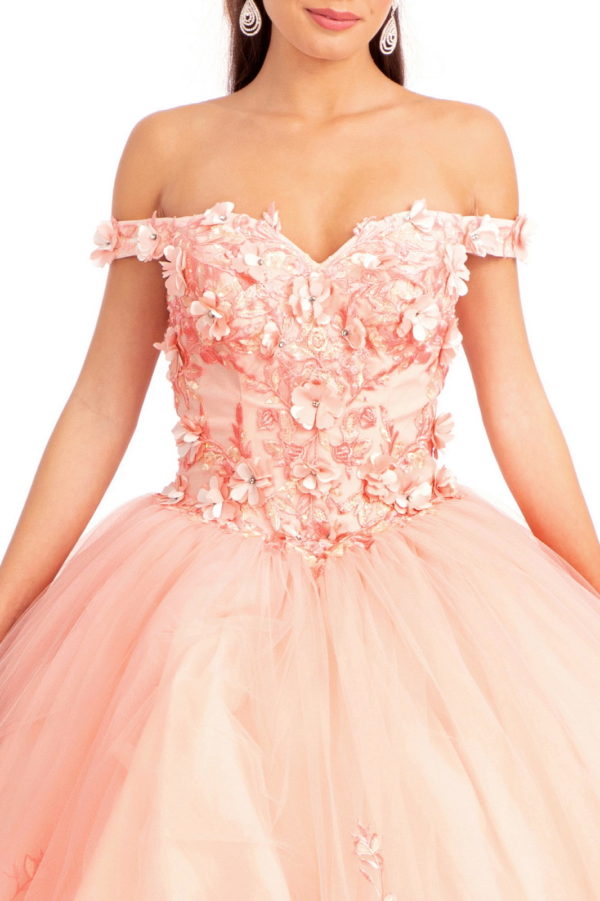 Cut-Away Shoulder 3D Floral Applique Embellished Quinceanera Dress