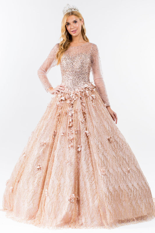 Glitter and Sequin Embellished Bodice Mesh Long Sleeve Quinceanera Dress