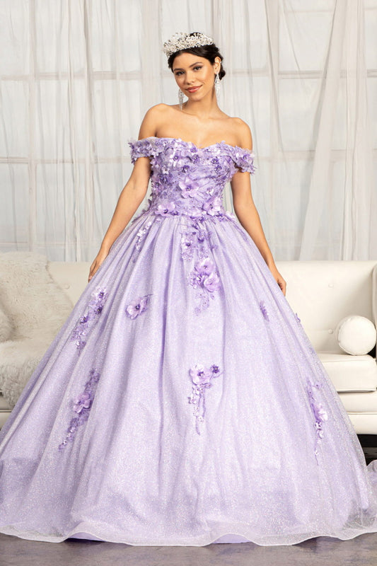 3D Floral Applique and Jewel Embellished Glitter Mesh Quinceanera Dress