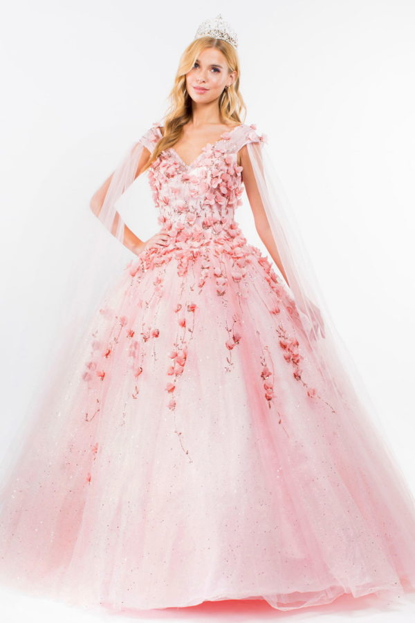 3D Floral Applique Glitter Mesh Quinceanera Dress w/ Detachable Cape Sleeve