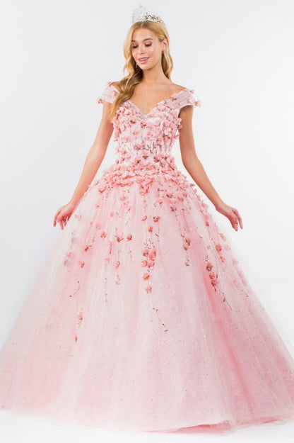 3D Floral Applique Glitter Mesh Quinceanera Dress w/ Detachable Cape Sleeve