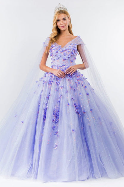 3D Floral Applique Glitter Mesh Quinceanera Dress w/ Detachable Cape Sleeve