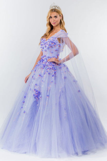 3D Floral Applique Glitter Mesh Quinceanera Dress w/ Detachable Cape Sleeve