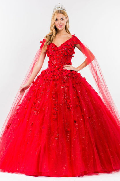 3D Floral Applique Glitter Mesh Quinceanera Dress w/ Detachable Cape Sleeve