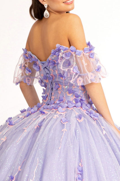 Glitter Mesh 3D Floral Applique Embellished Sweetheart Quinceanera Dress