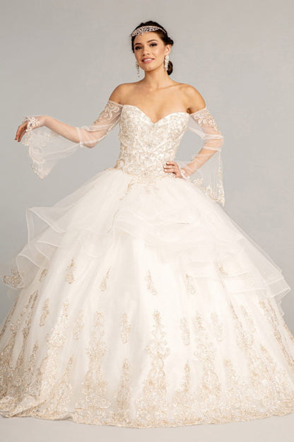 Sweetheart Cut-Away Shoulder Quinceanera Dress w/ Mesh Long Sleeves