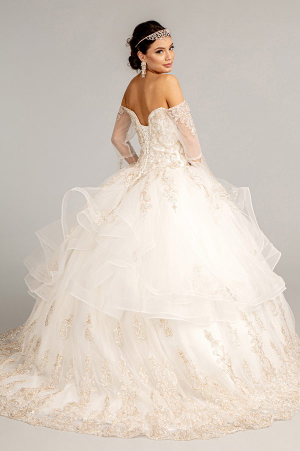 Sweetheart Cut-Away Shoulder Quinceanera Dress w/ Mesh Long Sleeves