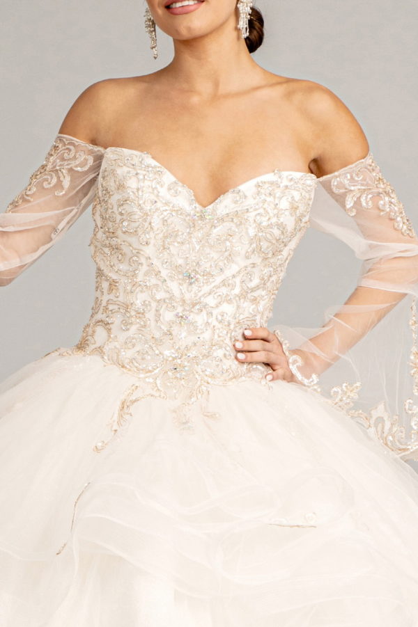 Sweetheart Cut-Away Shoulder Quinceanera Dress w/ Mesh Long Sleeves