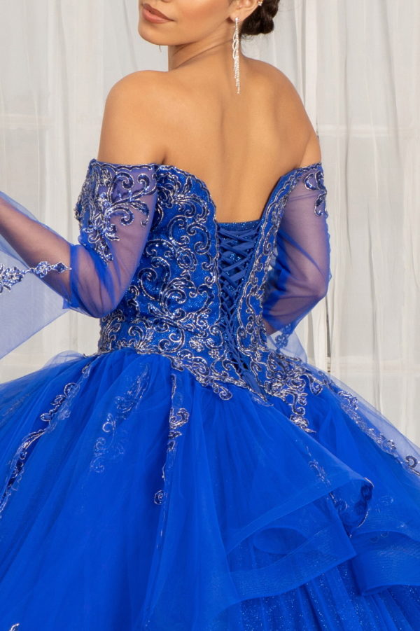 Sweetheart Cut-Away Shoulder Quinceanera Dress w/ Mesh Long Sleeves