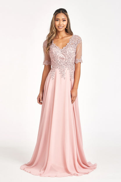 Rhinestone and Embroidery Embellished Chiffon Long Dress