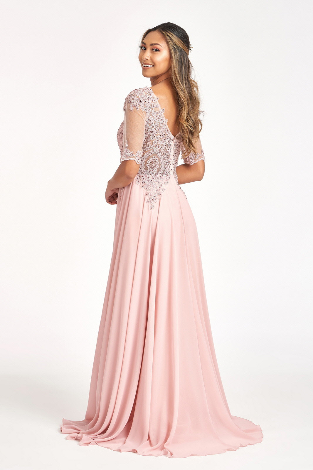 Rhinestone and Embroidery Embellished Chiffon Long Dress