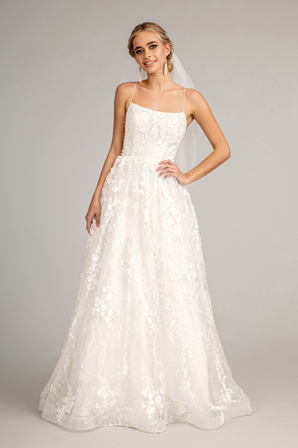 Floral Embroidered Lace-Up Mesh Wedding Gown w/ Sweetheart Neckline