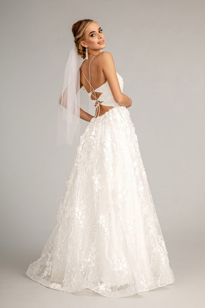 Floral Embroidered Lace-Up Mesh Wedding Gown w/ Sweetheart Neckline