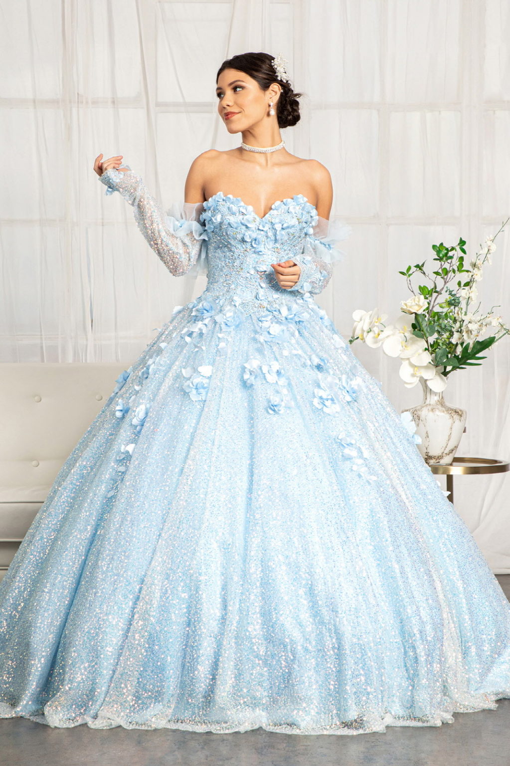 Sweetheart Neckline 3D Floral Applique Sequin Quinceanera Dress