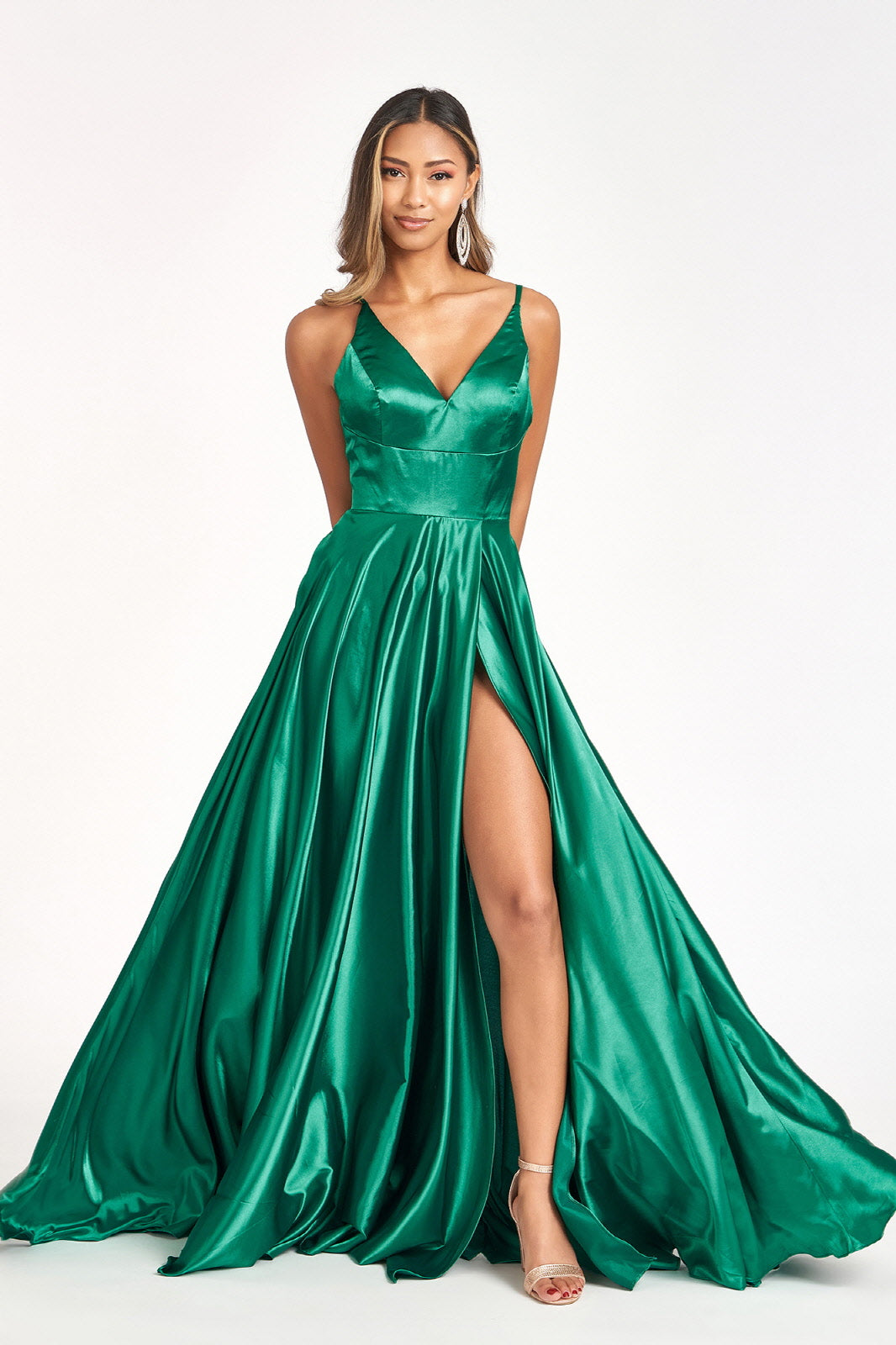 V-Neck Spaghetti Strap A-Line Satin Long Dress