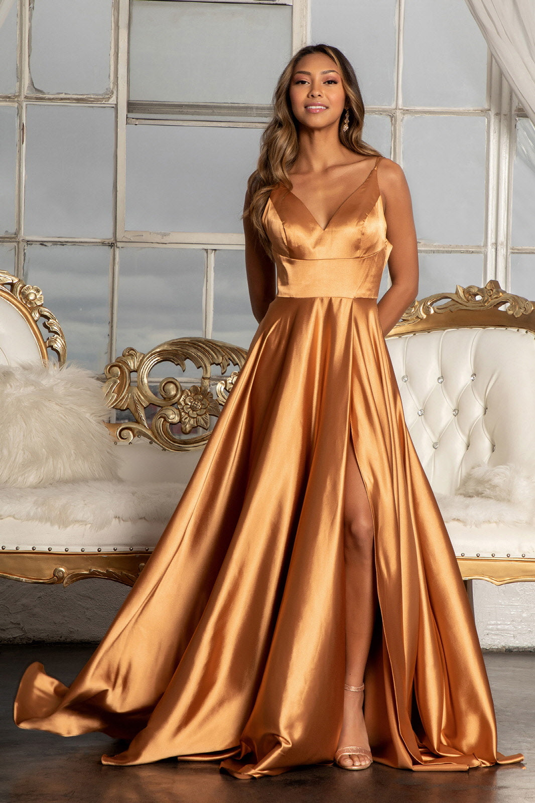 V-Neck Spaghetti Strap A-Line Satin Long Dress