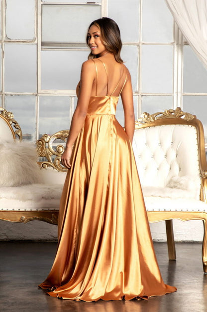 V-Neck Spaghetti Strap A-Line Satin Long Dress