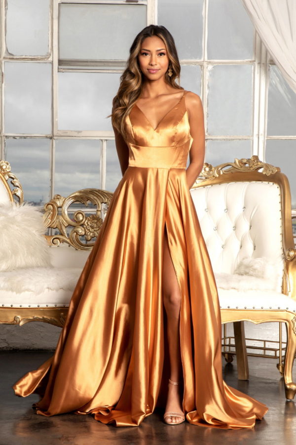 V-Neck Spaghetti Strap A-Line Satin Long Dress