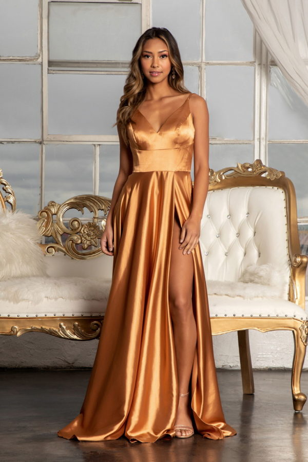 V-Neck Spaghetti Strap A-Line Satin Long Dress