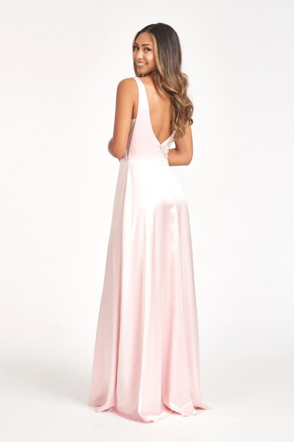 Satin V-Neck Sheer Side A-Line Long Dress