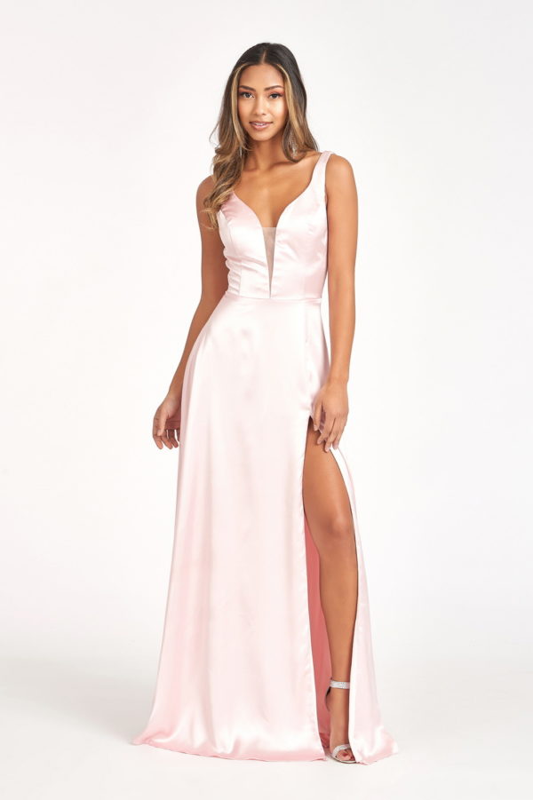 Satin V-Neck Sheer Side A-Line Long Dress