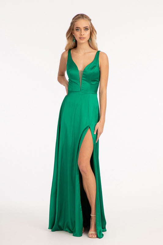 Satin V-Neck Sheer Side A-Line Long Dress