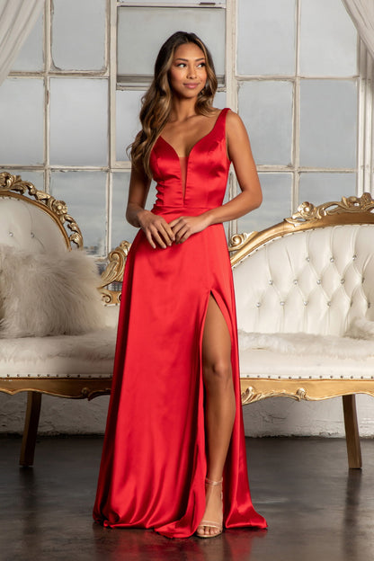 Satin V-Neck Sheer Side A-Line Long Dress