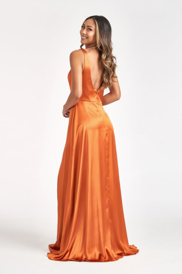 Satin V-Neck Sheer Side A-Line Long Dress