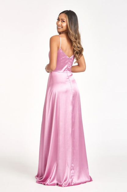 Spaghetti Strap V-Neck Satin A-Line Dress w/ Slit