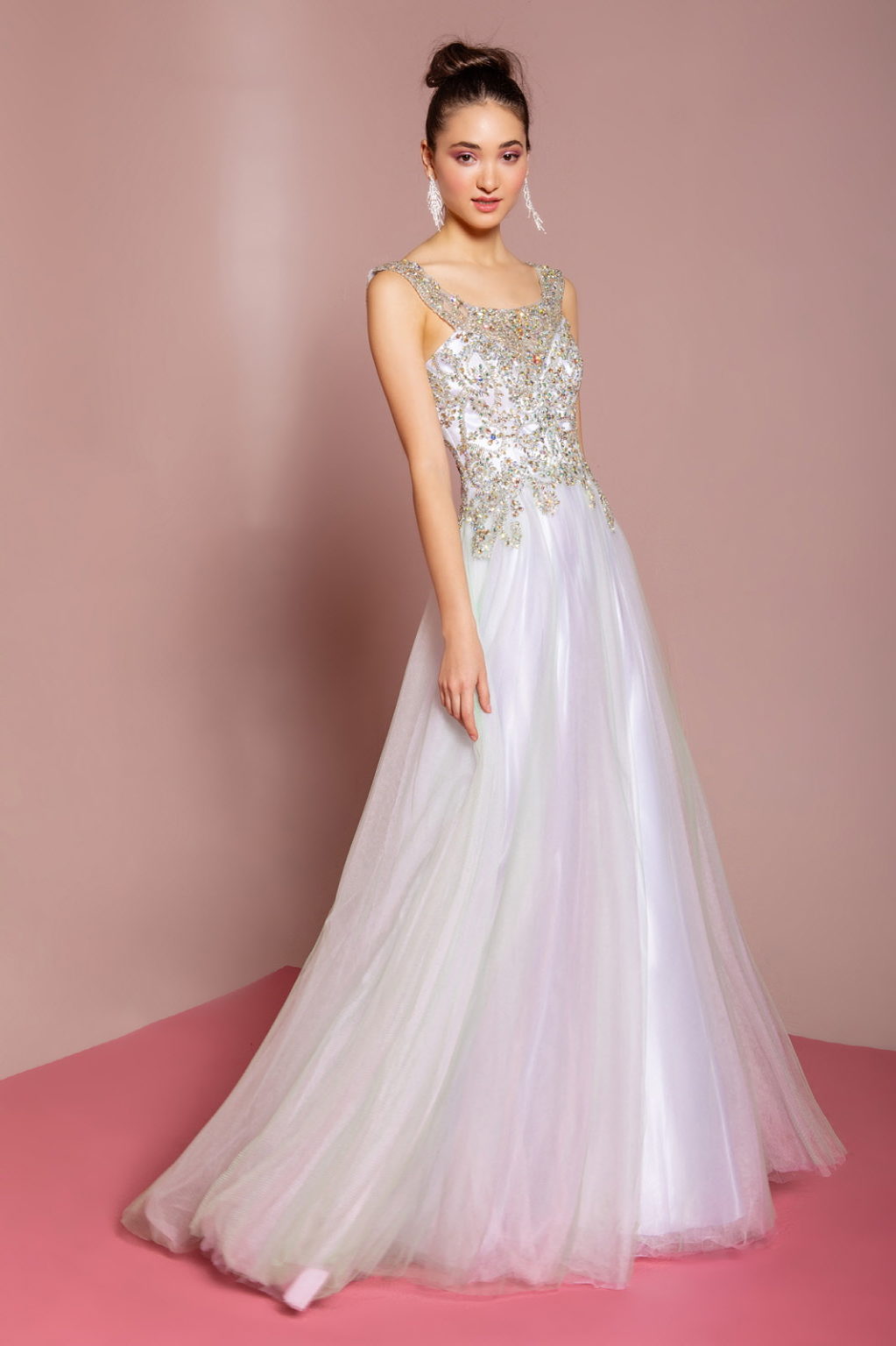 Sleeveless Tulle Long Dress with Bead Embellished Bodice and Neckline