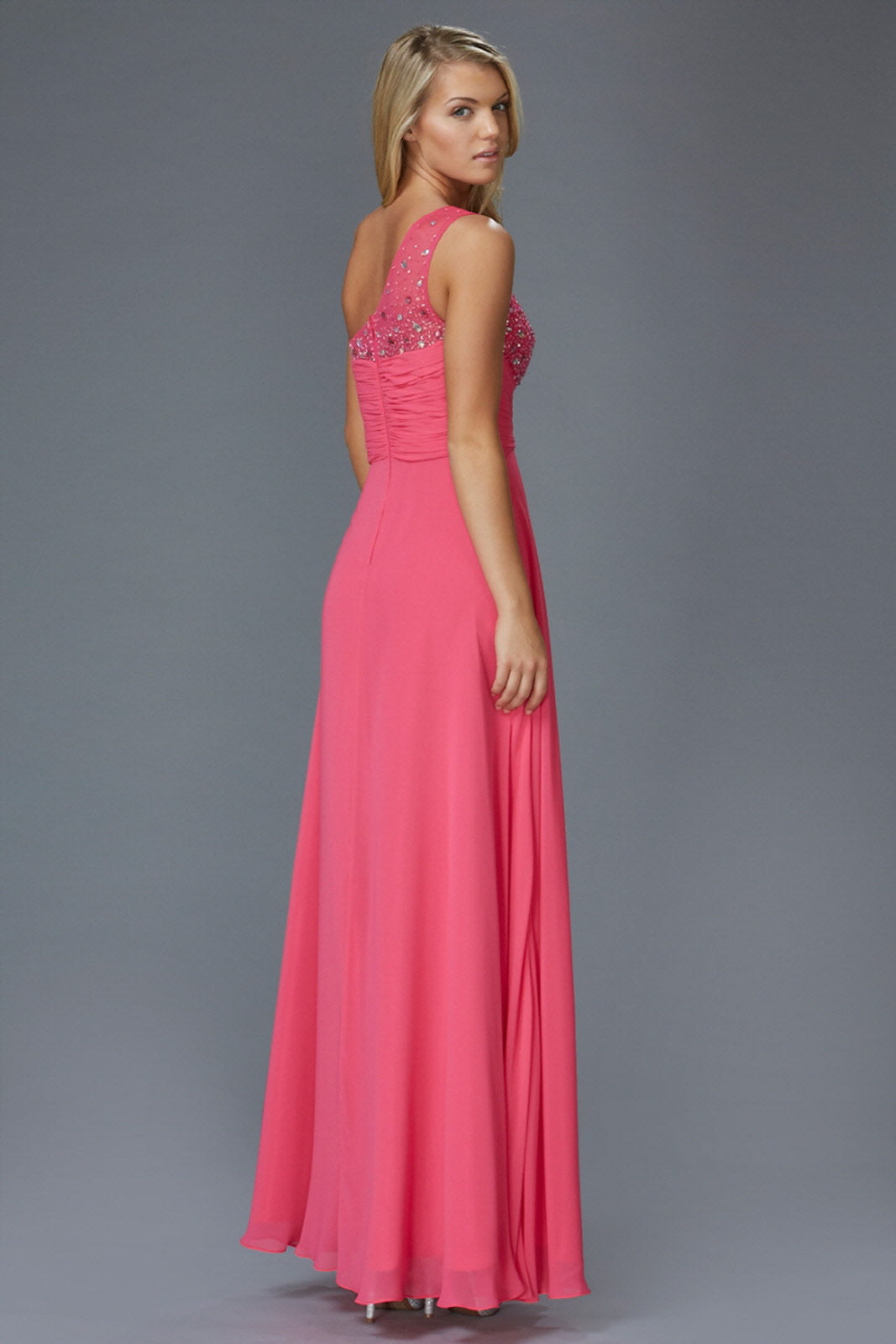 One Shoulder Floor Length Dress with Jewel Embellished Bodice