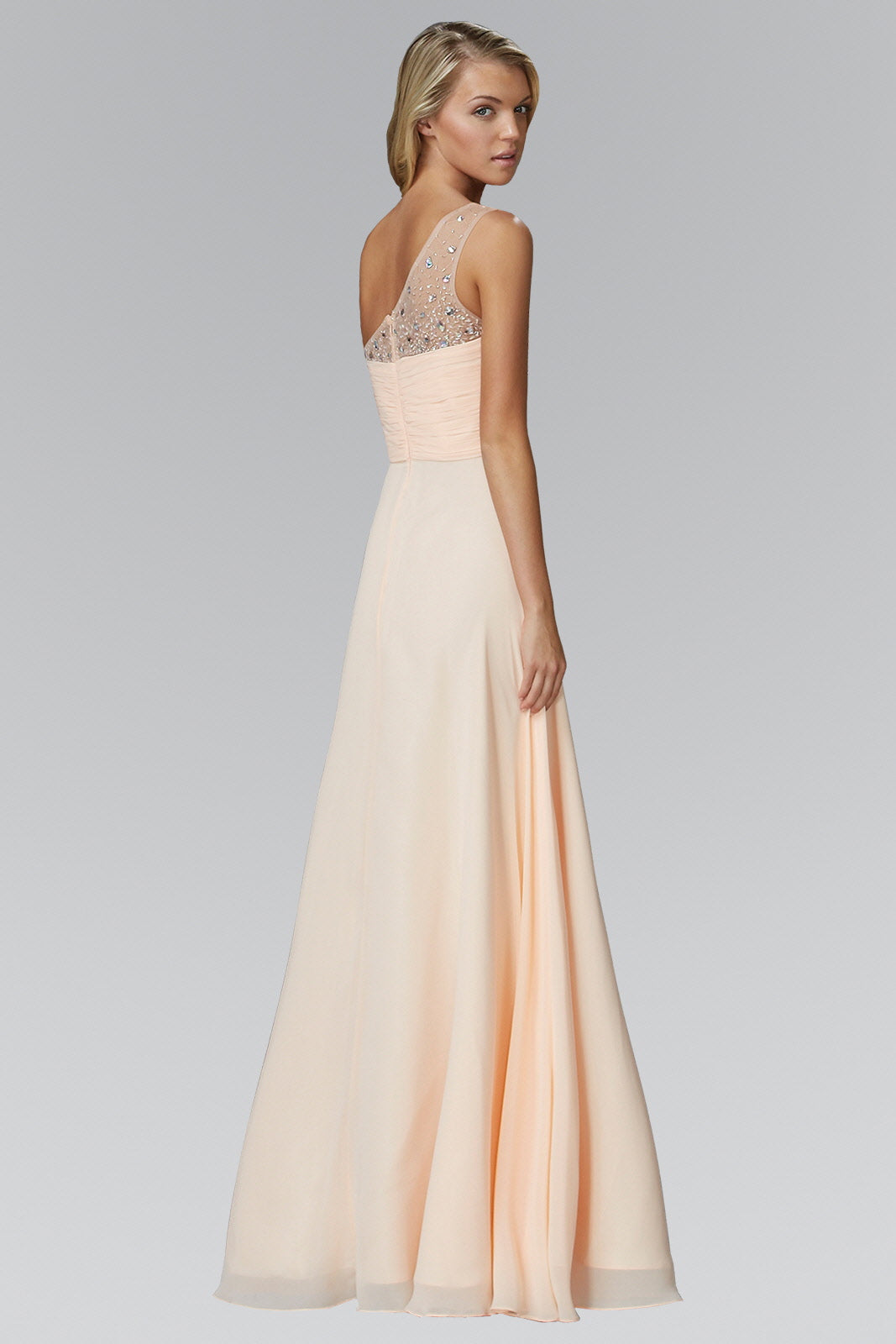 One Shoulder Floor Length Dress with Jewel Embellished Bodice