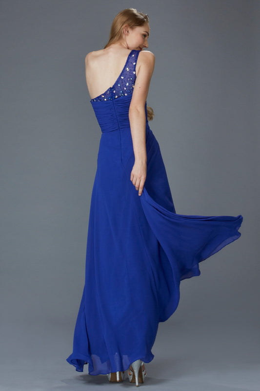 One Shoulder Floor Length Dress with Jewel Embellished Bodice