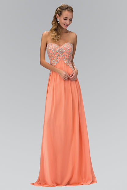 Strapless Sweetheart Long Chiffon Dress with Jewel Detailing