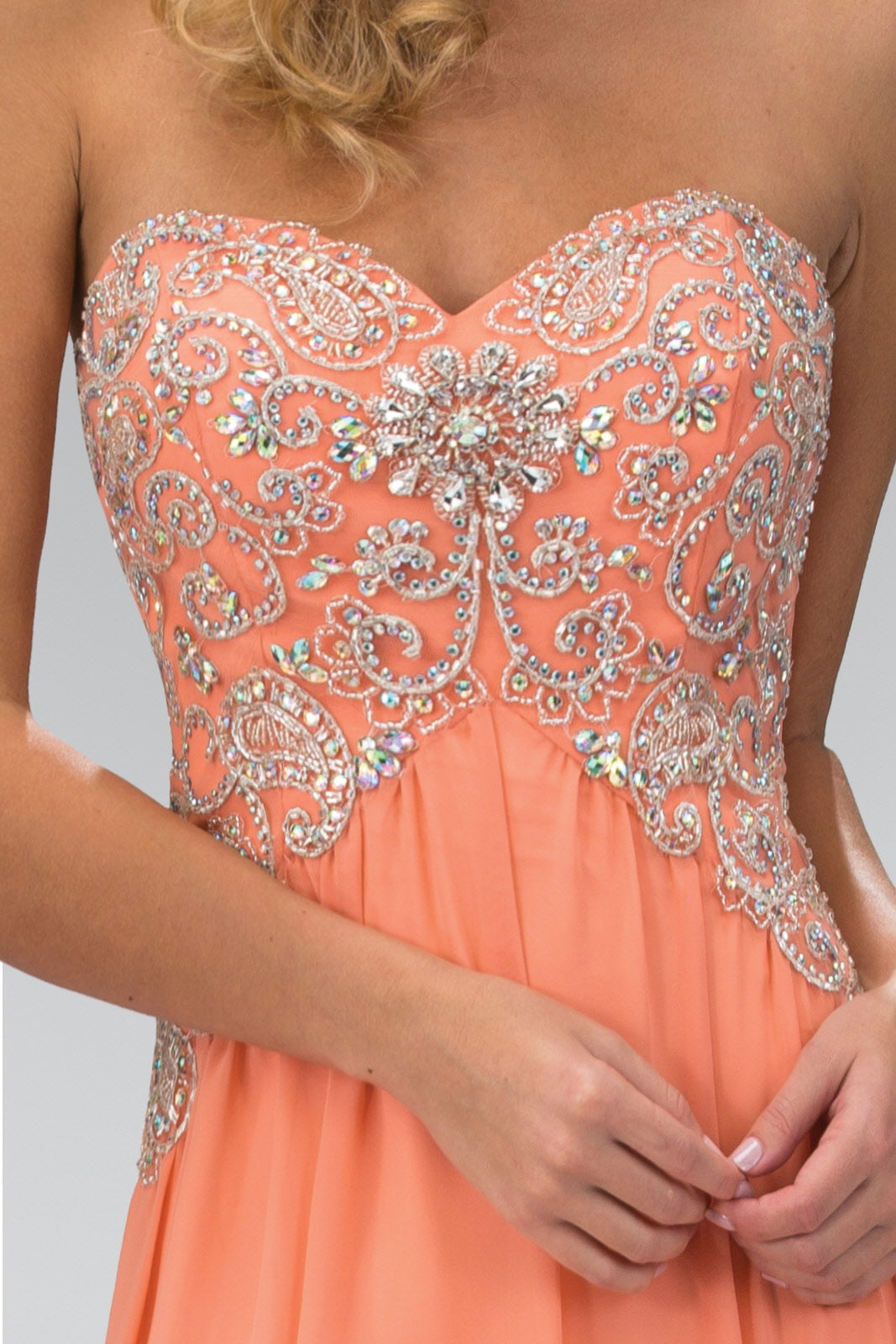 Strapless Sweetheart Long Chiffon Dress with Jewel Detailing