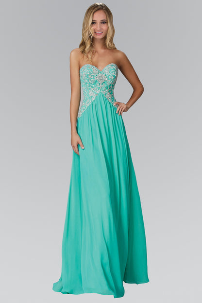 Strapless Sweetheart Long Chiffon Dress with Jewel Detailing