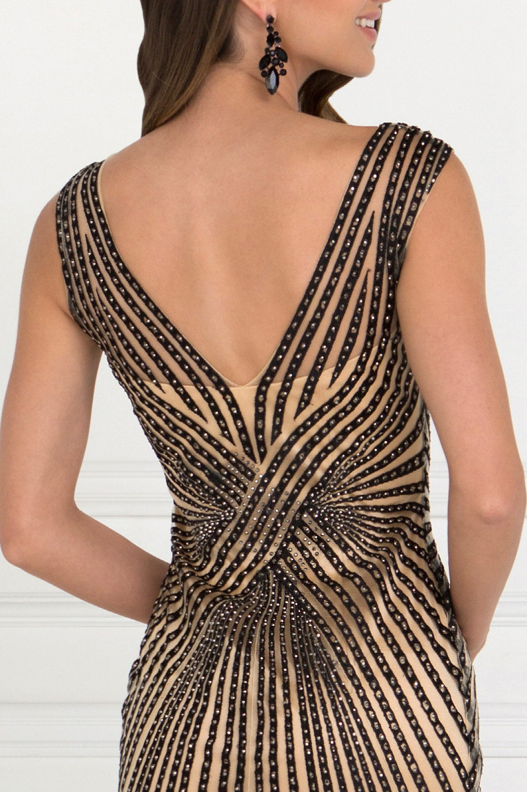 V-Neck Floor Length Dress with Rhinestone on Stripe