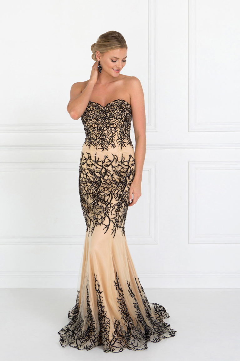 Strapless Lace Mesh Long Dress with Sweetheart Neckline L / Black