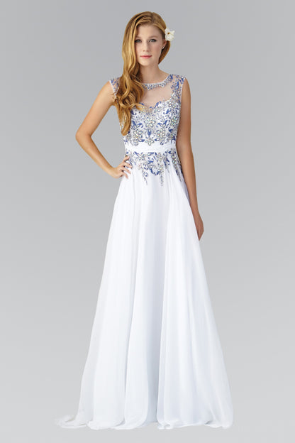 Sleeveless Long Dress with Lace and Jewel Embellished Bodice