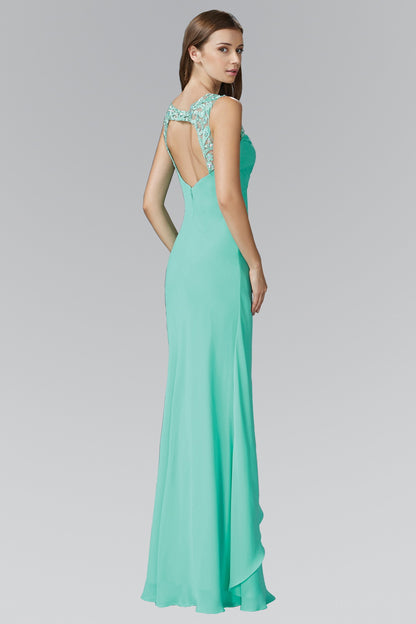 Empire Line Chiffon Long Dress with Beaded Illusion Neckline