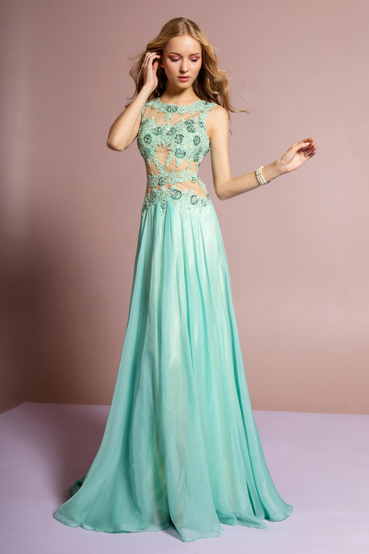 Bead and Lace Embellished Chiffon Long Dress with Sheer Bodice