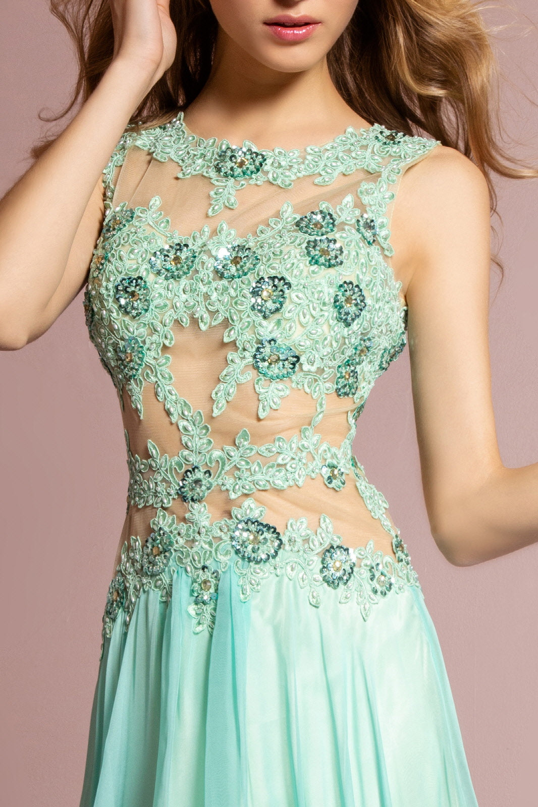Bead and Lace Embellished Chiffon Long Dress with Sheer Bodice XL / Tiffany Bead and Lace Embellished Chiffon Long Dress with Sheer Bodice XL / Tiffany