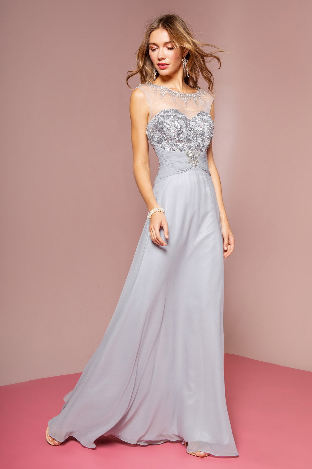 GLS Silver Sequin Embellished Chiffon Long Prom Dress - Illusion Bateau Neckline - Size M GLS Silver Sequin Embellished Chiffon Long Prom Dress - Illusion Bateau Neckline - Size M