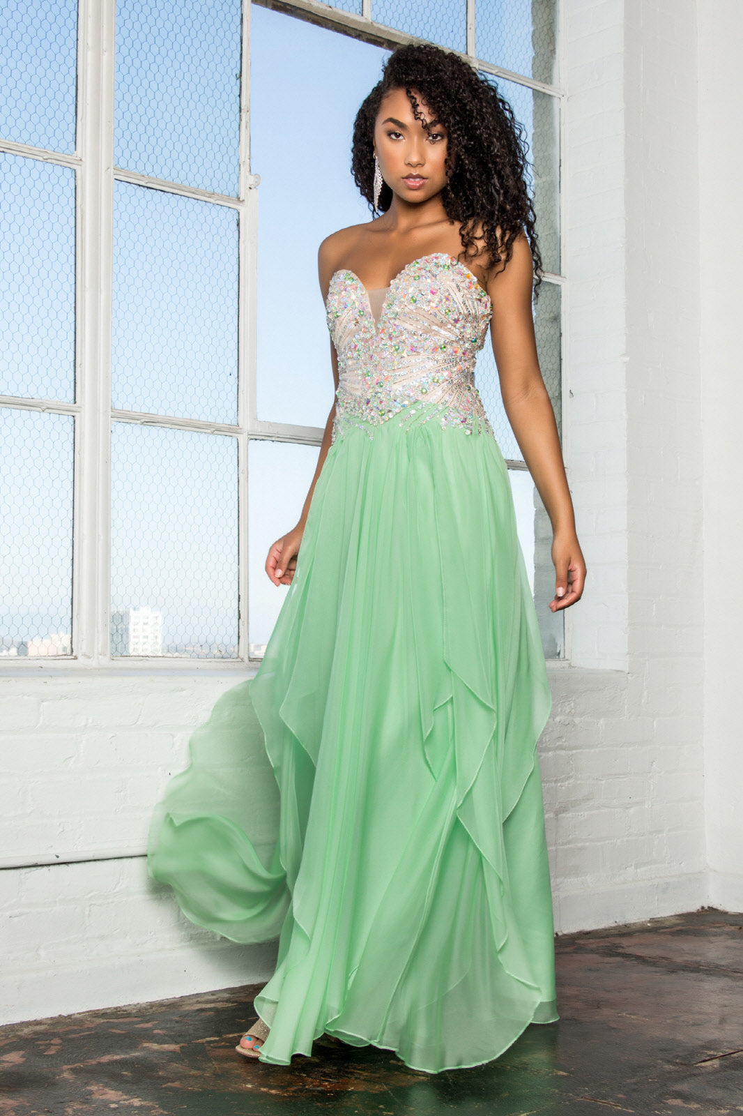 Strapless Sweetheart Chiffon Long Dress with Sequin Embellished Bodice