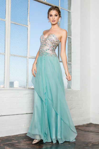 Strapless Sweetheart Chiffon Long Dress with Sequin Embellished Bodice