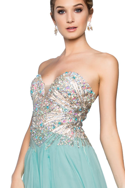 Strapless Sweetheart Chiffon Long Dress with Sequin Embellished Bodice