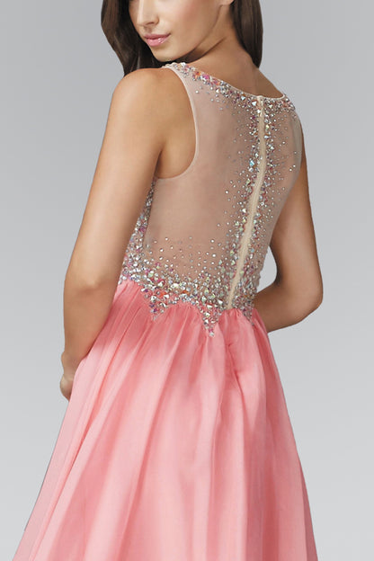 Beaded Chiffon Long Dress W/ Sequin Embellished Sheer Bodice and Corset Back