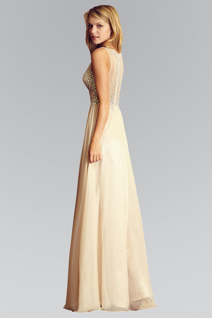 Beaded Chiffon Long Dress W/ Sequin Embellished Sheer Bodice and Corset Back